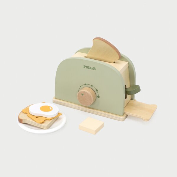 Set tostapane - Giocattolo in legno con suoni di clic, toast, piatto e accessori per la colazione (7 pezzi)