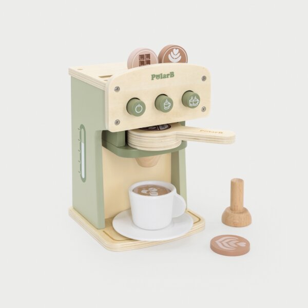 Coffee machine set - wooden toy with push buttons, capsules and accessories (10 pieces)
