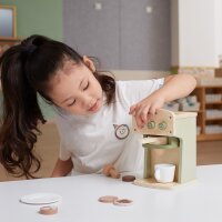 Coffee machine set - wooden toy with push buttons, capsules and accessories (10 pieces)