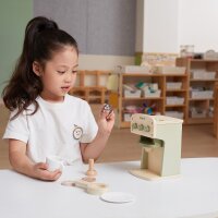 Coffee machine set - wooden toy with push buttons, capsules and accessories (10 pieces)
