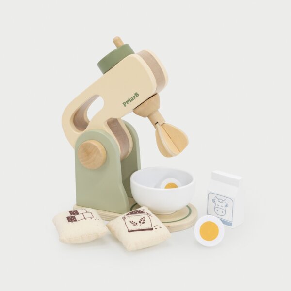 Kitchen mixer set - wooden toy with rotating whisk, bowl and ingredients (7 pieces)