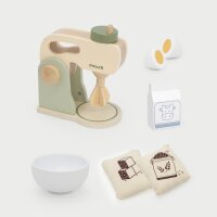 Kitchen mixer set - wooden toy with rotating whisk, bowl and ingredients (7 pieces)