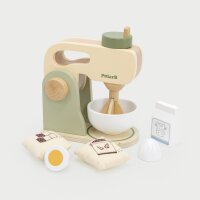 Kitchen mixer set - wooden toy with rotating whisk, bowl and ingredients (7 pieces)