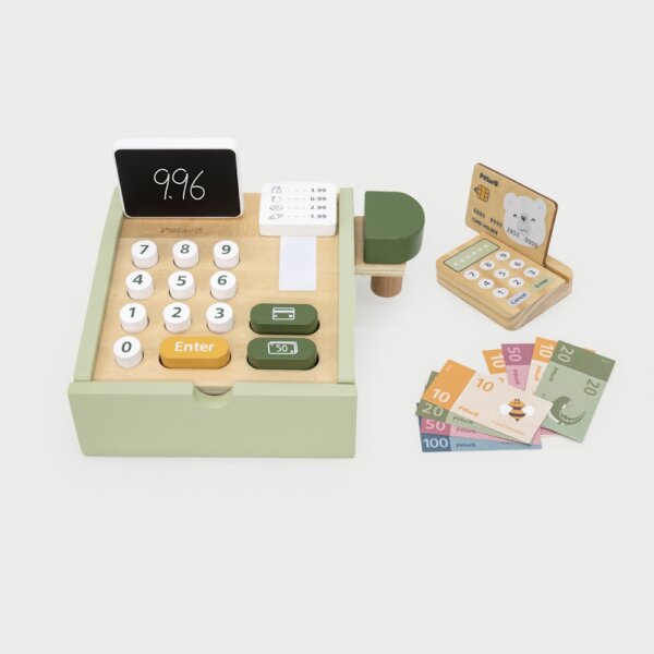 Store cash register - wooden toy with drawer, scanner, card reader, coins & banknotes (29 pieces)