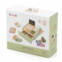 Store cash register - wooden toy with drawer, scanner, card reader, coins & banknotes (29 pieces)