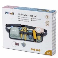 Coffret de salon de coiffure - Jouet en bois avec s&egrave;che-cheveux, peigne, ciseaux, rasoir et accessoires (11 pi&egrave;ces)