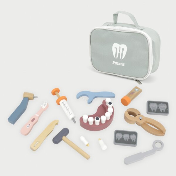 Set dentista - Giocattolo in legno con dentiera, specchio, trapano, spazzolino e accessori (22 pezzi)
