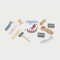 Set dentista - Giocattolo in legno con dentiera, specchio, trapano, spazzolino e accessori (22 pezzi)