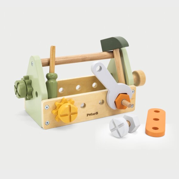Tool set - wooden toy with hammer, tools, bolts & gears (17 pieces)
