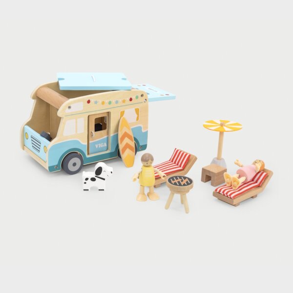 Camper - Giocattoli in legno con motivi da spiaggia, bambole, sedia da spiaggia, tavola da surf e accessori (11 pezzi)