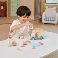 Camper - Giocattoli in legno con motivi da spiaggia, bambole, sedia da spiaggia, tavola da surf e accessori (11 pezzi)