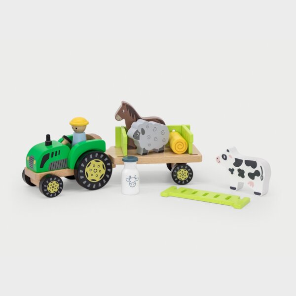 Farm tractor - wooden toy with tractor, trailer, farmers, animals & removable fences (11 pieces)