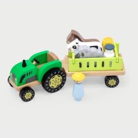 Farm tractor - wooden toy with tractor, trailer, farmers, animals & removable fences (11 pieces)