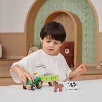 Farm tractor - wooden toy with tractor, trailer, farmers, animals & removable fences (11 pieces)