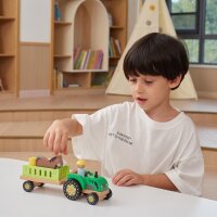 Farm tractor - wooden toy with tractor, trailer, farmers, animals & removable fences (11 pieces)