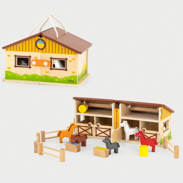 Set da gioco stabile - Giocattolo pieghevole in legno con cavalli, recinti, balle di fieno e accessori (14 pezzi)
