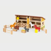 Set da gioco stabile - Giocattolo pieghevole in legno con cavalli, recinti, balle di fieno e accessori (14 pezzi)