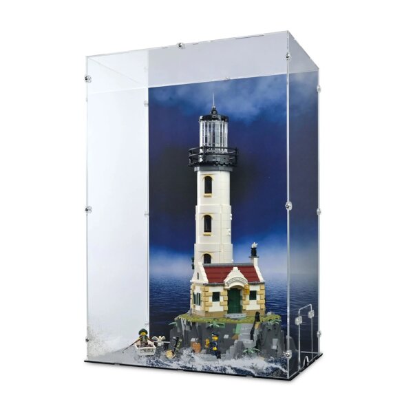 Display in acrilico per LEGO&reg; 21335 Faro motorizzato (con motivo di sfondo e base nera)