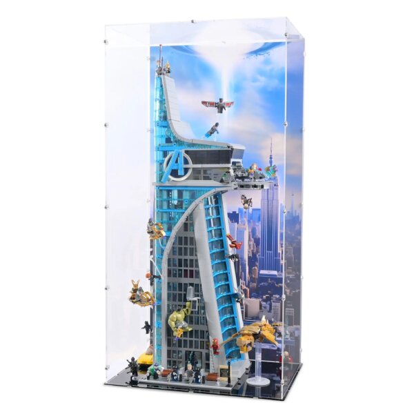 Display in acrilico per LEGO&reg; Torre degli Avengers (con motivo di sfondo e base nera)