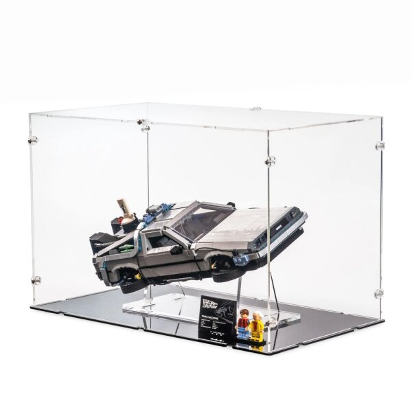 Display in acrilico per LEGO&reg; 10300 Ritorno al futuro Macchina del tempo (con base nera)