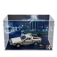 Acryl-Display f&uuml;r LEGO&reg; 10300 Die Zeitmaschine aus Zur&uuml;ck in die Zukunft (Mit Hintergrundbild Geb&auml;udeuhr 1955)