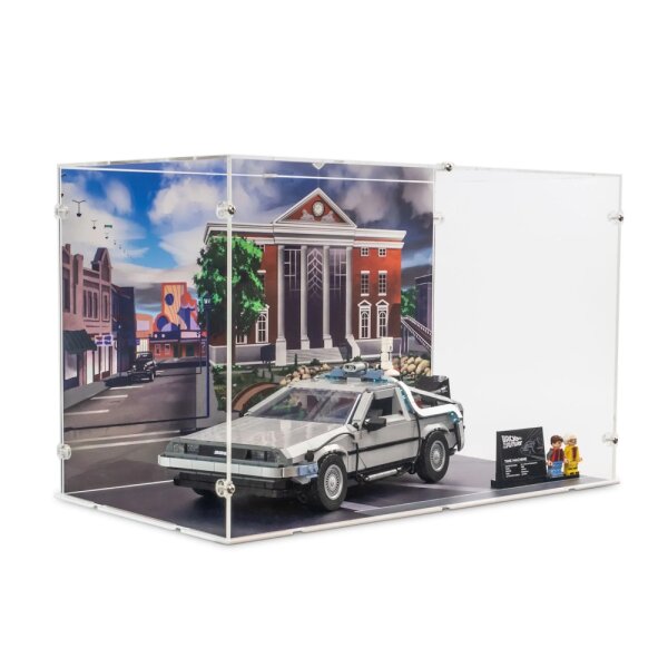 Pr&eacute;sentoir en acrylique pour LEGO&reg; 10300 La machine &agrave; remonter le temps de Retour vers le futur (avec image darri&egrave;re-plan Building Clock 2015)