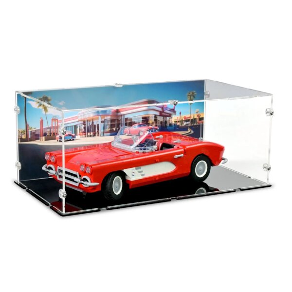 Acrylic display for LEGO&reg; 10321 Chevrolet Corvette (With black bottom & background image)