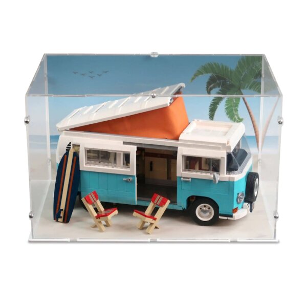 Acrylic display L for LEGO&reg; 10279 Volkswagen T2 Camper (With background image - beach during the day)