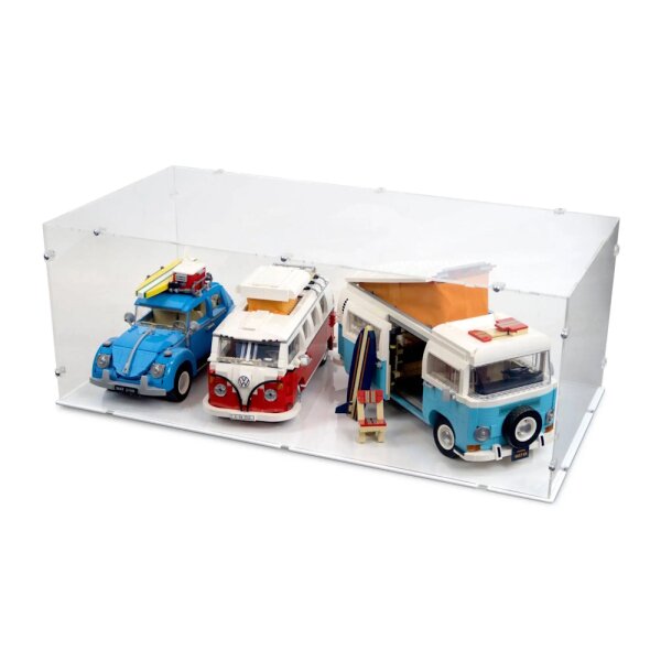 Pr&eacute;sentoir acrylique XXL pour LEGO&reg; 10220/10279/10252 Volkswagen T1/T2 & Beetle (avec fond blanc)