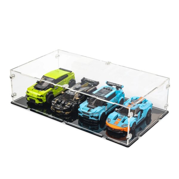 Pr&eacute;sentoir acrylique XL pour 4 mod&egrave;les LEGO&reg; Speed Champions c&ocirc;te &agrave; c&ocirc;te (avec socle noir)