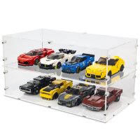 Pr&eacute;sentoir acrylique XL pour 4 mod&egrave;les LEGO&reg; Speed Champions c&ocirc;te &agrave; c&ocirc;te (avec socle transparent, empilables)