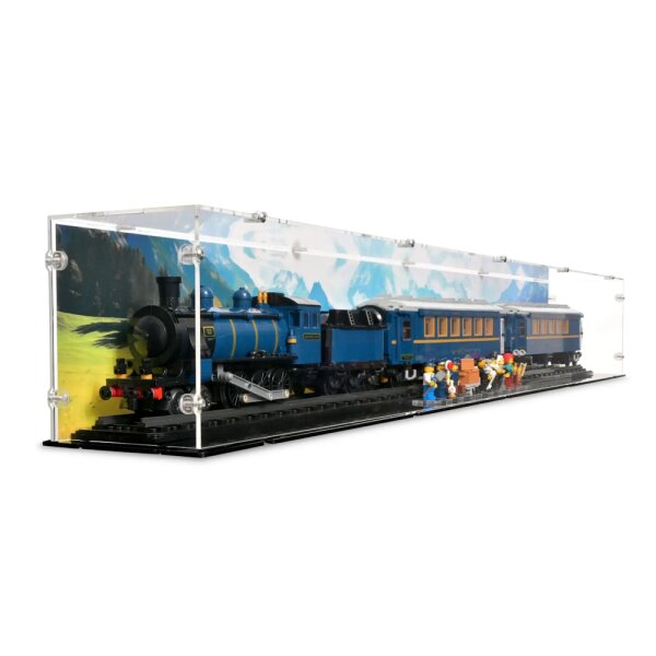Pr&eacute;sentoir en acrylique pour LEGO&reg; 21344 LOrient Express (avec image darri&egrave;re-plan et base noire)