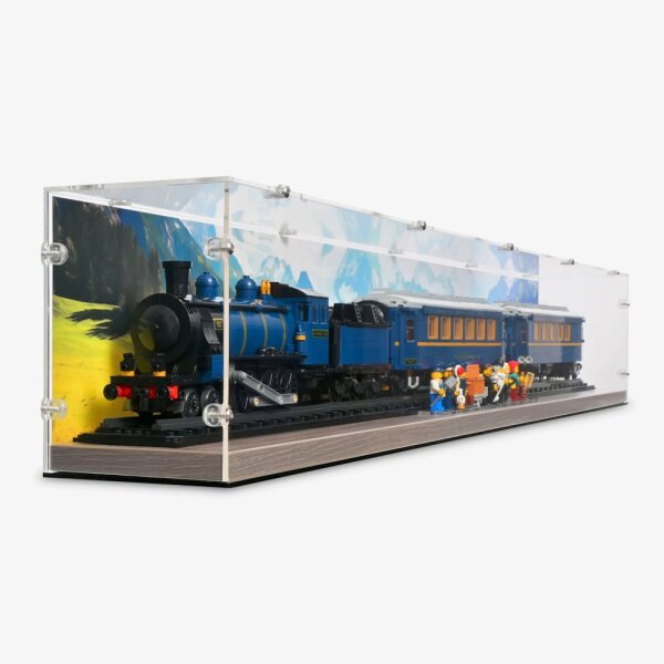 Pr&eacute;sentoir en acrylique pour LEGO&reg; 21344 LOrient Express (avec image darri&egrave;re-plan et sol effet bois)
