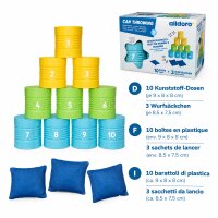 Classico gioco di lancio delle lattine con 10 lattine colorate e 3 sacchetti da lancio: per bambini dai 3 anni in su, pu&ograve; essere giocato sia allinterno che allesterno.