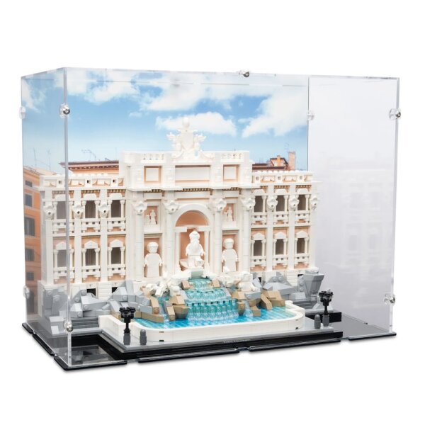 Pr&eacute;sentoir en acrylique pour LEGO&reg; 21062 La fontaine de Trevi (avec image darri&egrave;re-plan et base noire)