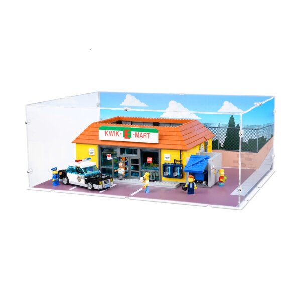 Acrylic display for LEGO&reg; 71016 The Simpsons - Kwik-E-Mart (with background image and white base)