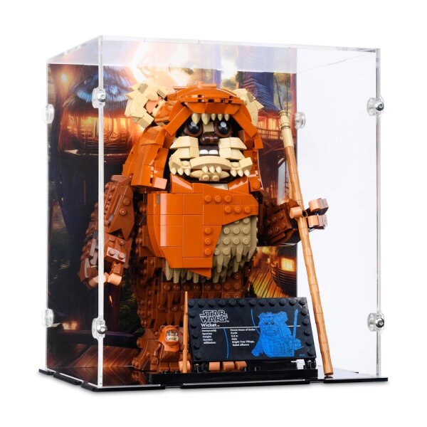 Pr&eacute;sentoir en acrylique pour LEGO&reg; 75430 Star Wars - Wicket l&rsquo;Ewok (avec image darri&egrave;re-plan et base noire)