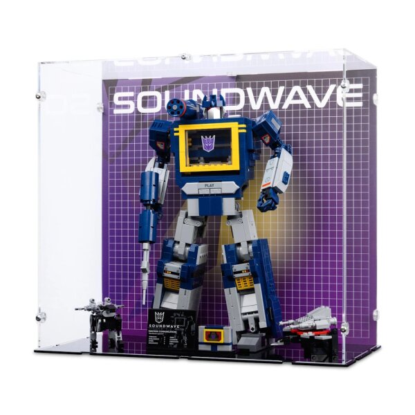Pr&eacute;sentoir en acrylique pour LEGO&reg; 10358 Transformers: Soundwave (avec image darri&egrave;re-plan et base noire)
