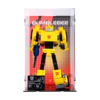 Pr&eacute;sentoir en acrylique pour LEGO&reg; 10338 Transformers: Bumblebee (avec image darri&egrave;re-plan et base noire)