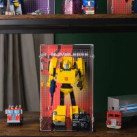 Pr&eacute;sentoir en acrylique pour LEGO&reg; 10338 Transformers: Bumblebee (avec image darri&egrave;re-plan et base noire)