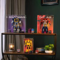 Pr&eacute;sentoir en acrylique pour LEGO&reg; 10338 Transformers: Bumblebee (avec image darri&egrave;re-plan et base noire)