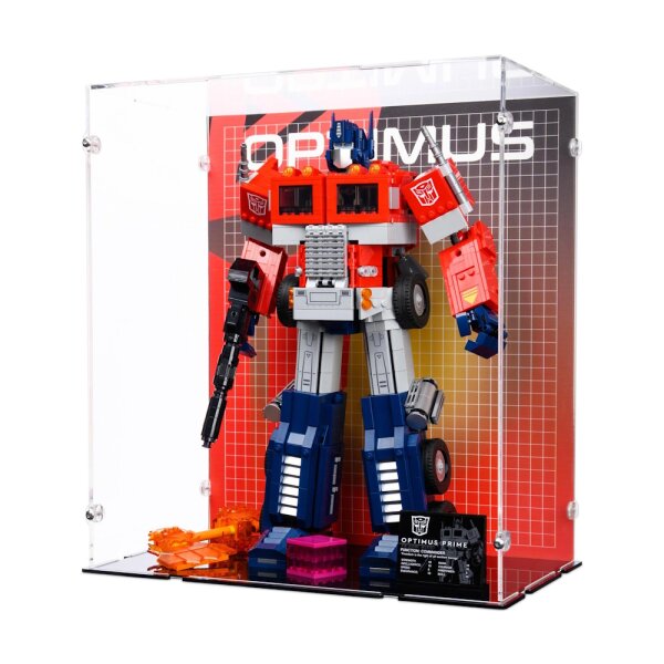 Pr&eacute;sentoir en acrylique pour LEGO&reg; 10302 Transformers: Optimus Prime (avec image darri&egrave;re-plan et base noire)