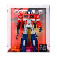 Pr&eacute;sentoir en acrylique pour LEGO&reg; 10302 Transformers: Optimus Prime (avec image darri&egrave;re-plan et base noire)
