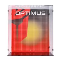 Pr&eacute;sentoir en acrylique pour LEGO&reg; 10302 Transformers: Optimus Prime (avec image darri&egrave;re-plan et base noire)