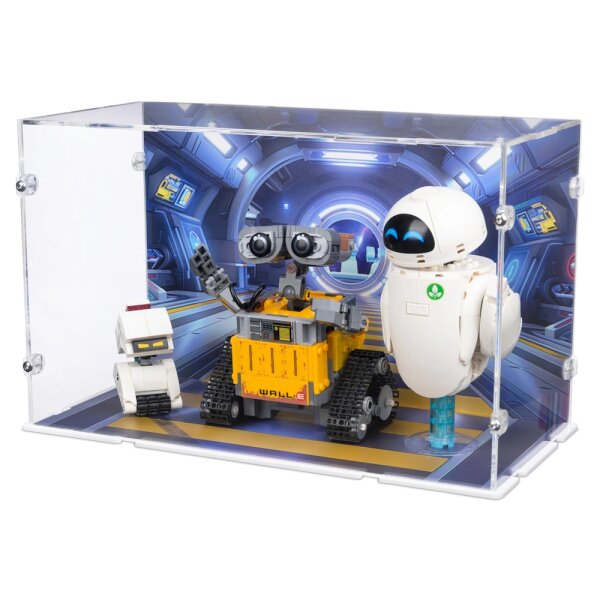 Pr&eacute;sentoir en acrylique pour LEGO&reg; 43279 Disney - WALL-E & EVEX (avec image darri&egrave;re-plan et base blanc)