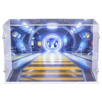 Pr&eacute;sentoir en acrylique pour LEGO&reg; 43279 Disney - WALL-E & EVEX (avec image darri&egrave;re-plan et base blanc)