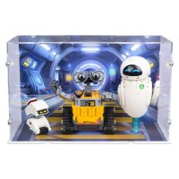Pr&eacute;sentoir en acrylique pour LEGO&reg; 43279 Disney - WALL-E & EVEX (avec image darri&egrave;re-plan et base blanc)