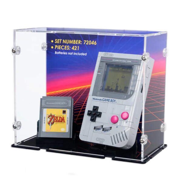 Display in acrilico per LEGO&reg; 72046 Game Boy (con immagine di sfondo e base nera)