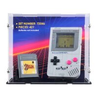 Display in acrilico per LEGO&reg; 72046 Game Boy (con immagine di sfondo e base nera)