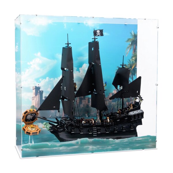 Display in acrilico per LEGO&reg; 10365 Nave pirata del Capitano Jack Sparrow (Con sfondo e immagine frontale, incluso il supporto per la bussola)